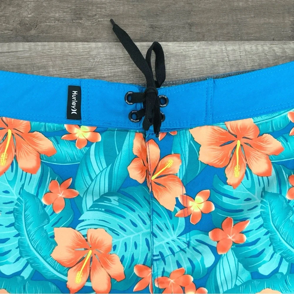 New Hurley Boys Cabana Blue Orange Hibiscus Board Shorts Size 10